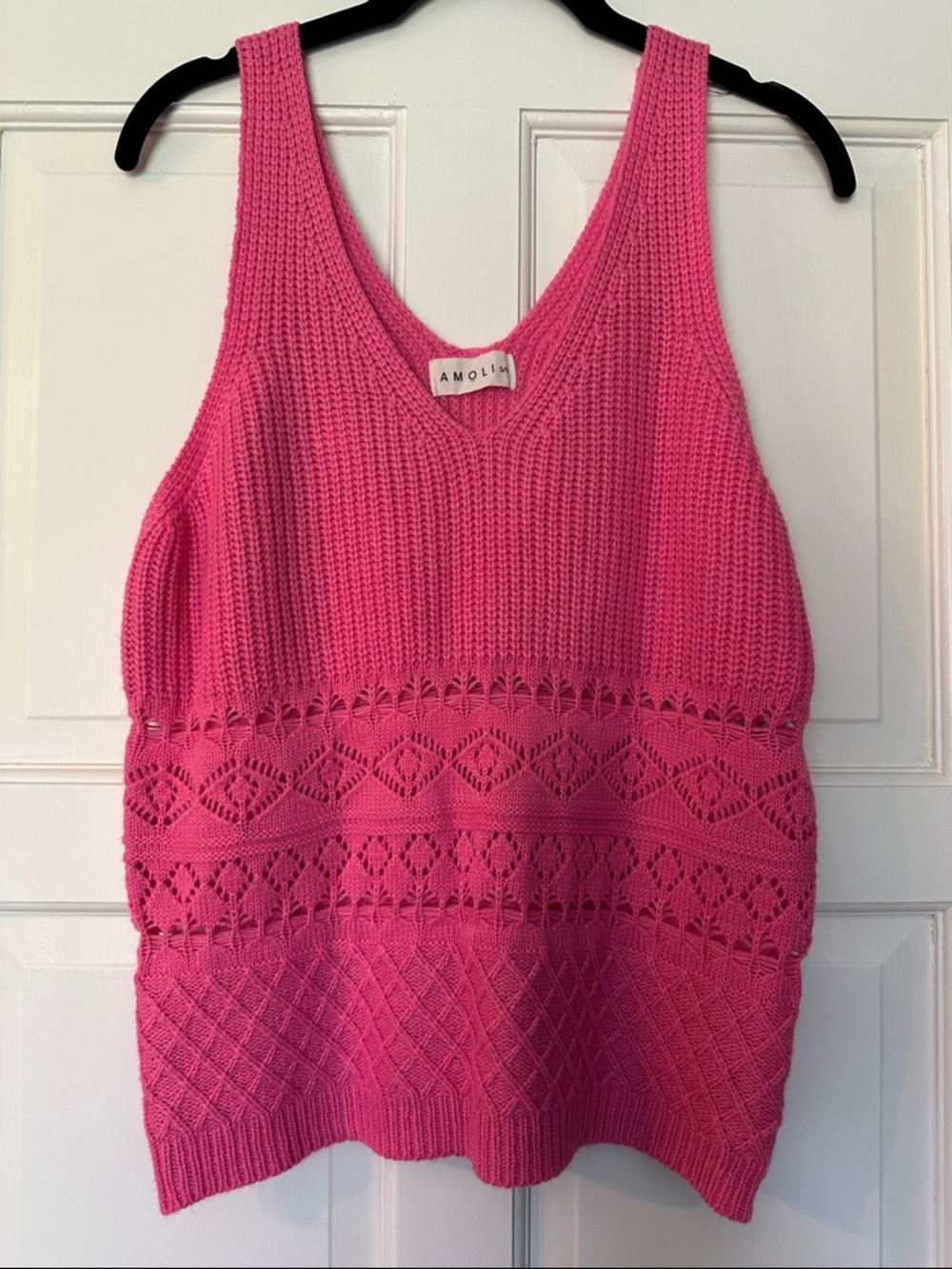Amoli V Neck Hot Pink Knit Sweater Tank Top for Women